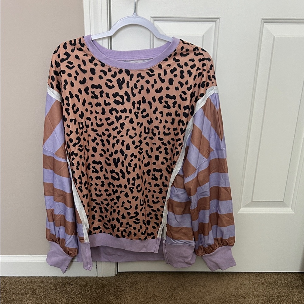 Lavender & Tan Leopard Stripe Sweatshirt NWOT
